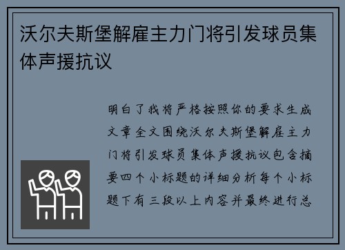沃尔夫斯堡解雇主力门将引发球员集体声援抗议